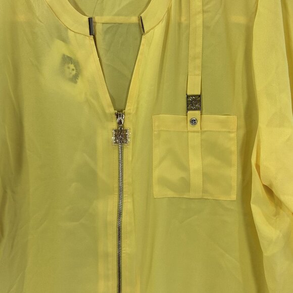 Anne Klein Womens XL Yellow Sheer Zip-Front Blouse NWT 3/4 Sleeve Colorful Beach - Picture 6 of 11